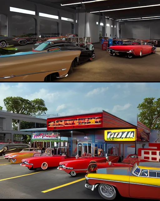 Prompt: indoors of car show pavilion with great cars of 1950s with stages like drive in and gas station, volumetric lighting, 1950s palette, hyper realism, high detail, octane render, high contrast , 8k