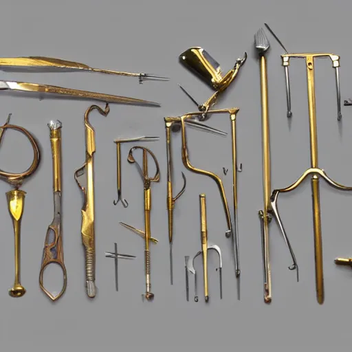 Image similar to polished gold surgical instruments designed in the style of body horror