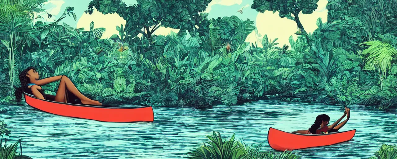 Prompt: a black teenage girl lying down in a canoe that is floating down a river on an alien planet. In the background and surroundings is a lush alien jungle. Muted complementary colours, graphic novel,