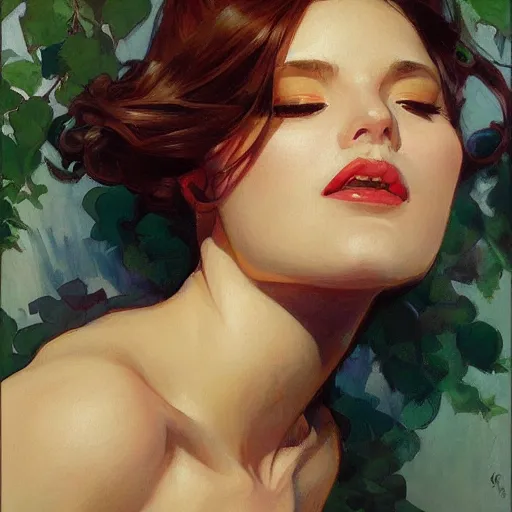 Image similar to painted portrait of a beautiful woman by artgerm, gil elvgen, greg manchess, mucha