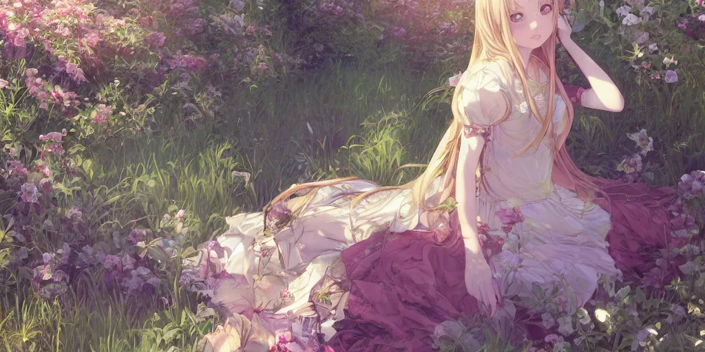 Image similar to a digital art of a loli with long hair in a dress in the privet garden at after noon, green and warm theme, by krenz cushart and mucha and akihito yoshida and greg rutkowski and makoto shinkai, long shot, back lighting, detailed eyes, 4 k resolution, trending on art station