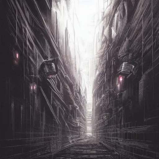 Image similar to futuristic evil city at dusk. figure is obscured by darkness with two bright, shining eyes peering out from the shadows of an alley. cgartist