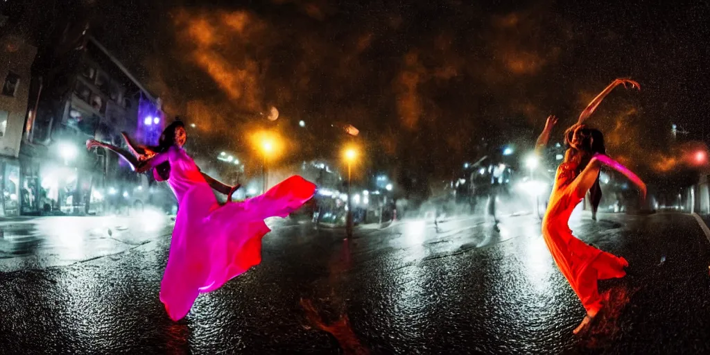 Prompt: fisheye lens slow motion with trail effect of beautiful break dancer wearing floating long dress with neon lights, long exposure shot , at night in the middle of a rainy wet street, paddle of water, steam, fog, water splashes, rim lights, glossy reflections, water droplets on lens, octane render, dark and dramatic, fire explosions in the background, detailed and soft, fisheye lens, smooth, sharp focus, illustration, painted by Zdislav Beksinski and Wayne Barlowe