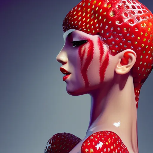 Image similar to strawberry inspired avant-garde art, deco fashion, highly detailed, photorealistic portrait, bright studio setting, studio lighting, crisp quality and light reflections, unreal engine 5 quality render