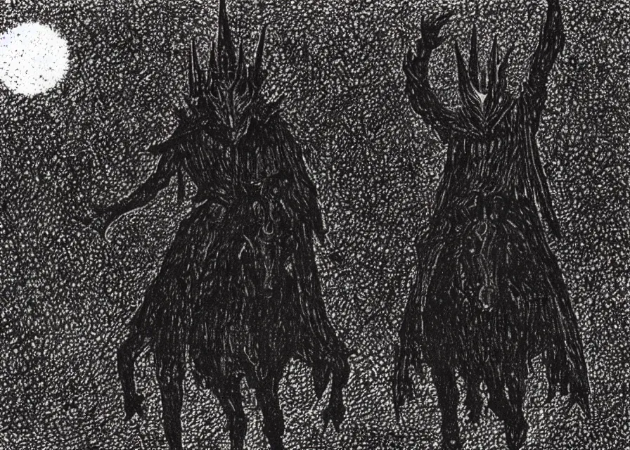 Image similar to the witch king of angmar rides upon black wings, by georges seurat