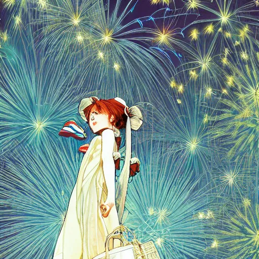 Image similar to girl watching watching fireworks on a hill, digital art, by range murata, akiyuki shinbou, alphonse mucha, highly detailed, realistic, cinematic