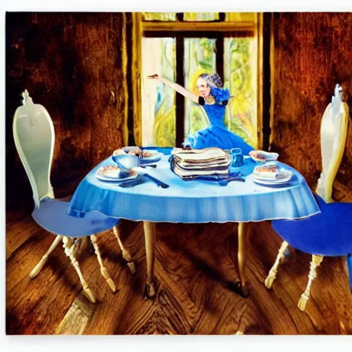 Image similar to alice in the wonderland, table, chairs, wood floor, blue dress, blonde by cheval michael