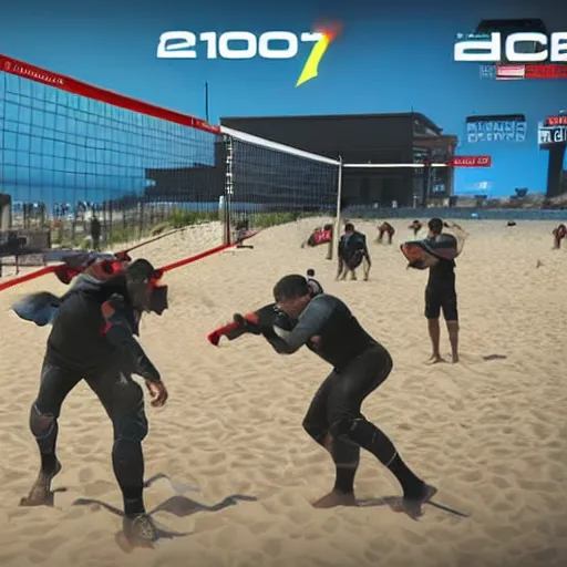 Image similar to Call of Duty Operators playing volleyball on beach 2v2