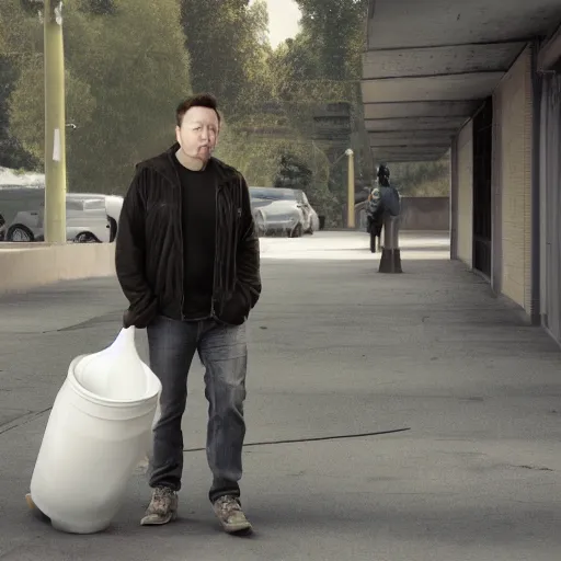 Image similar to portrait of elon musk as a homeless person carrying garbage can, ultra realistic photography, highly detailed, photorealistic, octane render, 8 k, unreal engine