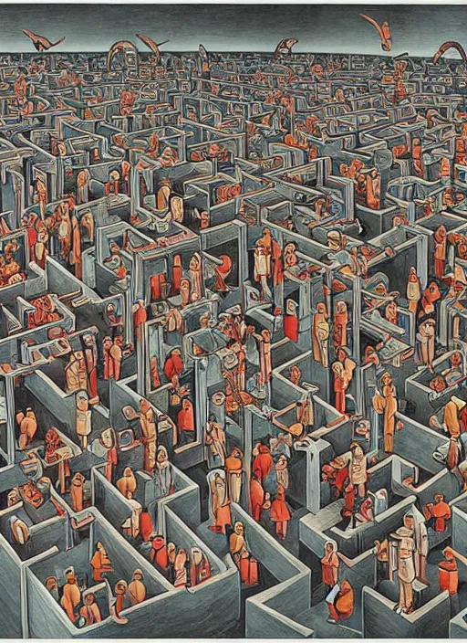 Prompt: painting of confused people lost in a complex bureaucratic maze by mc escher