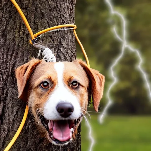 Image similar to an extremely happy dog is hanging by wires from a tree, 4 k, realistic