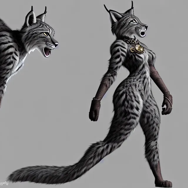 Image similar to the full body of anthropomorphic lynx fursona from behind wearing a steampunk suit as unimaginably beautiful, gorgeous, elegant, young woman with lynx head, an ultrafine hyperdetailed illustration by furaffinity, intricate linework, white fur, unreal engine 5 highly rendered, global illumination, radiant light, detailed and intricate environment