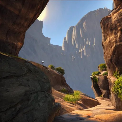 Image similar to pathway canyon in between mountains, unreal engine, high detail, realism, award winning, detailed lighting