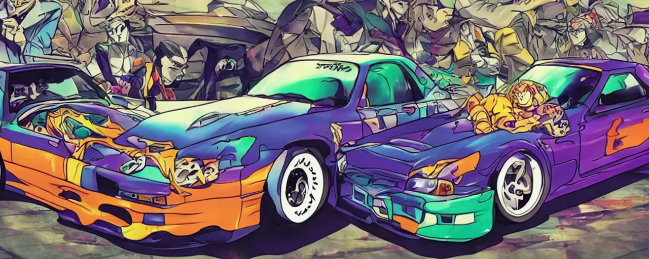 Prompt: jojo's bizarre adventure themed toyota supra, 9 0 s anime style