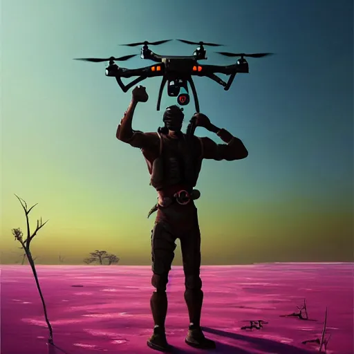 Image similar to a zulu cyberpunk hunter with a drone near a pink lake witha a baobab tree at sunset by greg rutkowski and android jones in a surreal portrait style, oil on canvas, backview, 8k resolution.