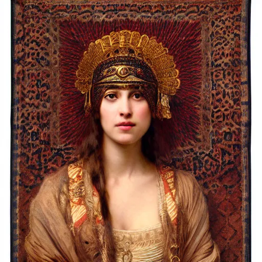 Prompt: orientalist portrait of an ornate mesopotamian headdress being worn by a woman standing in front of tapestry carpet intricate artwork by john william waterhouse and Edwin Longsden Long and Theodore Ralli and Henryk Siemiradzki. trending on artstation, very coherent symmetrical artwork high detail 8k