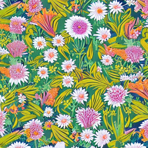 Prompt: highly detailed daisy pattern growing out of books, in the style of old botanical illustrations, matisse, lisa frank, and japanese art, 4 k