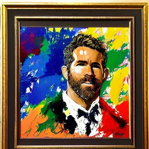 Image similar to ryan reynolds by leroy neiman, intricate, ultra detailed painting, atmospheric lighting, golden hour