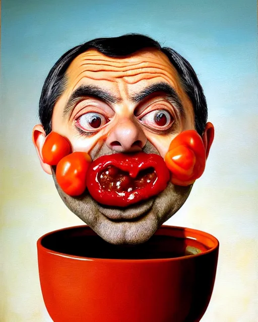 Image similar to portrait of mr bean's face in a bowl full of baked beans, face covered in beans and tomato sauce, beans in his eyes sockets, pile of beans on his head, baked beens instead of eyes, open mouth full of with baked beans, overflowing with baked beans, rowan atkinson, muted colors, surrealist oil painting, highly detailed