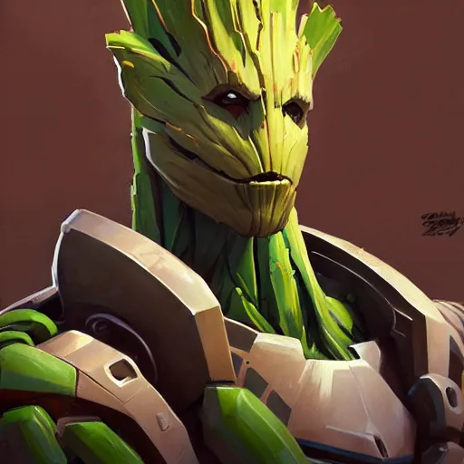 Image similar to greg manchess portrait painting of armored groot as overwatch character, medium shot, asymmetrical, profile picture, organic painting, sunny day, matte painting, bold shapes, hard edges, street art, trending on artstation, by huang guangjian and gil elvgren and sachin teng