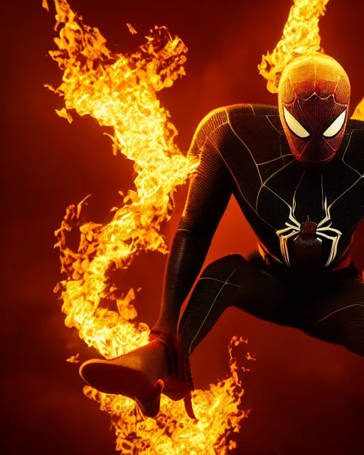 Image similar to photograph of a black and gold suit spider - man stood infront of a blazing inferno, dslr, cinematic, volumetric lighting, 8 k resolution, photorealistic