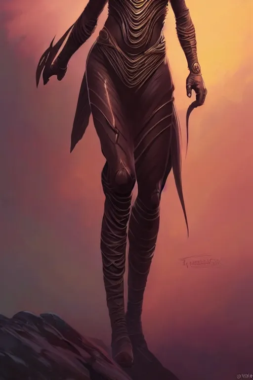 Image similar to a beautiful exotic female fremen, in a still suit on dune, dark fantasy, intricate, elegant, highly detailed, digital painting, artstation, concept art, matte, sharp focus, illustration, art by artgerm and alphonse mucha