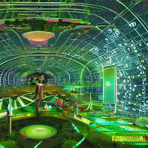 Image similar to a post - singularity solarpunk harmonic green lush overgrown utopia in which wired up the ai synthesizer on the center stage highest goal is to induce the utmost state of happiness to its people by creating and playing music, blissful, unreal, 4 k, hyperrealistic, refraction, bryce 3 d, architecture, by victor henrich, art nouveau