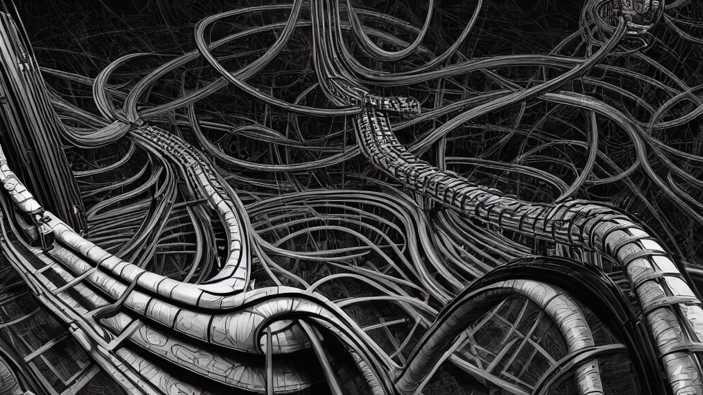 Prompt: comfortable rollercoaster, hyperdetailed, artstation, cgsociety, style of Giger, H. R. GIGER, style of Junji Ito, 4K, highly detailed, minimalistic, minimalistic, minimalistic, fine tuned, machina