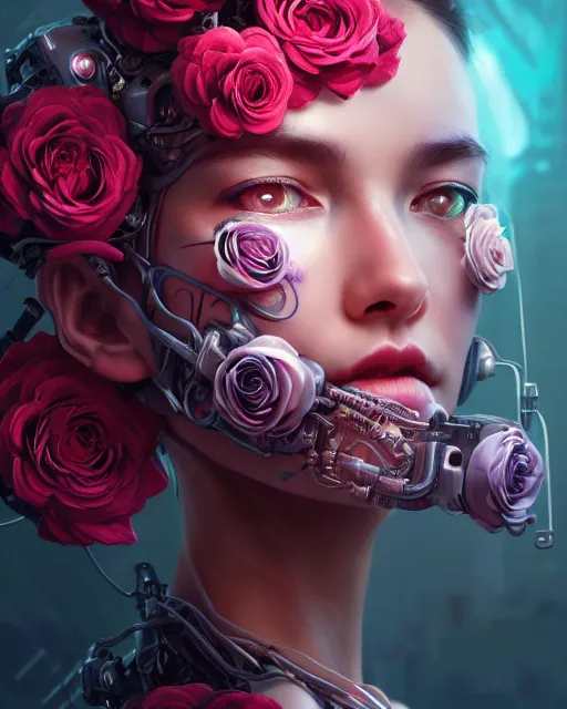 Prompt: portrait of a female face with roses instead of eyes, cyberpunk cyborg. roses, sci - fi, intricate abstract upper body intricate artwork, by tooth wu, wlop, beeple, dan mumford. concept art, octane render, deviantart, greg rutkowski, cinematic arthouse, key art, hyper realism, iridescent accents