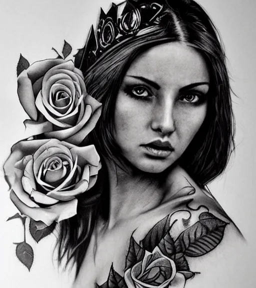 Image similar to tattoo design on white background of a beautiful girl warrior, roses, hyper realistic, realism tattoo, by eliot kohek, beautiful eyes, realistic face, black and white, award winning tattoo