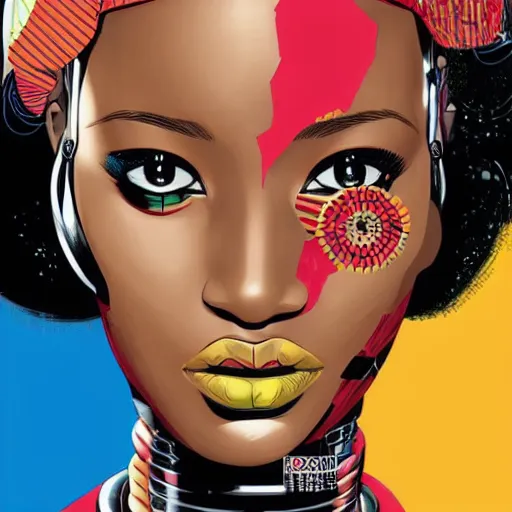 Prompt: portrait of a african female android, by MARVEL comics and Sandra Chevrier