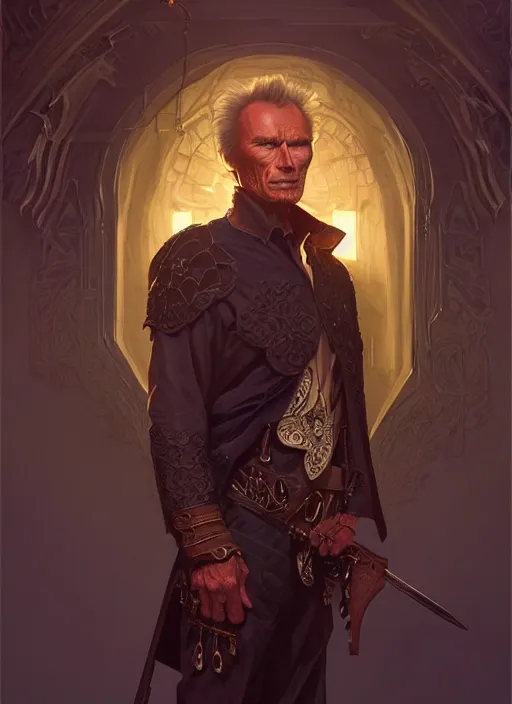 Image similar to clint eastwood as oscar diggs, intricate, d & d, wizard, fantasy, art nouveau, digital painting, trending on artstation, sharp focus, wide shot, illustration, global illumination, ray tracing, art by artgerm and greg rutkowski and ruan jia