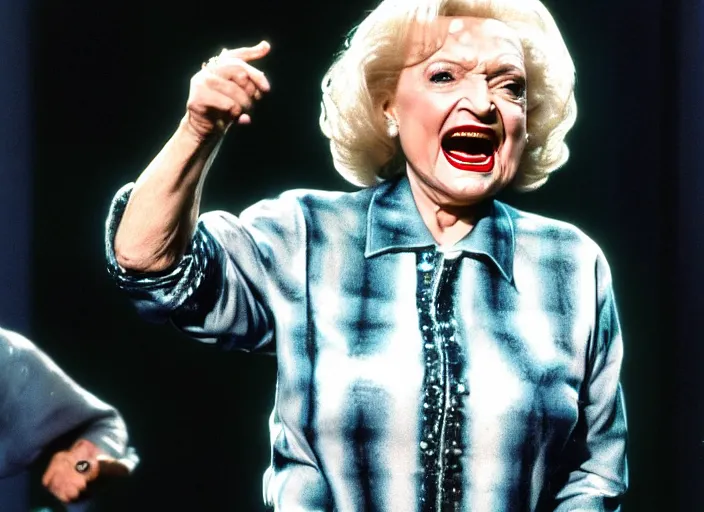 Image similar to publicity photo still of betty white as a gangsta rapper live on stage, 8 k, live concert lighting, mid shot