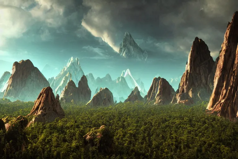 Image similar to an alien landscape featuring towering mountains, strange plants, and an otherworldly sky, 4 k photorealism