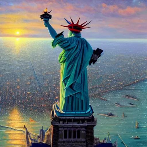 Prompt: a hyper realistic painting of a human with an eagle head, standing on the statue of liberty, watching the colorful city with highly detailed skyline, sunset, majestic, wonderful, fantasy, by Greg Rutkowski, Trending on Artstation, digital art