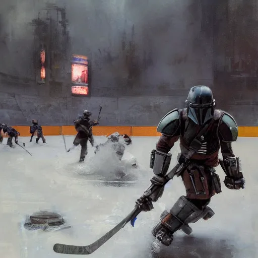 Image similar to the mandalorian, ice hockey setting, by craig mullins, jeremy mann, jeremy mann.