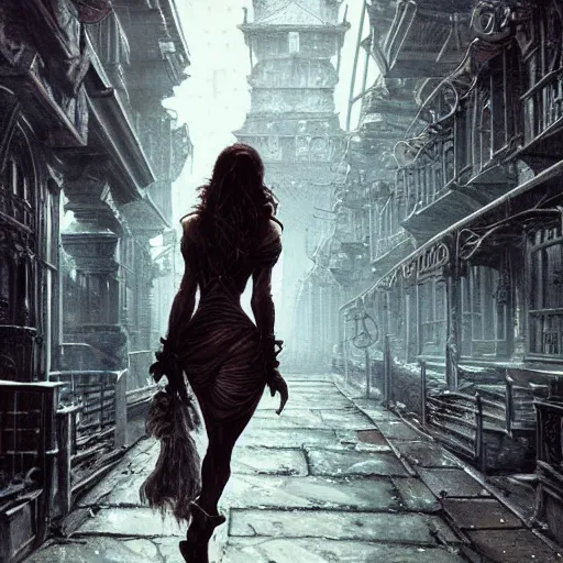 Image similar to back view of kate beckinsale as investigiator walking down street in arkham town, female, detailed face, gorgeous, amazing, new england architecture, 1 9 2 0 style, intricate, highly detailed, musculine, lovecraft illustration, painting by gaston bussiere, craig mullins