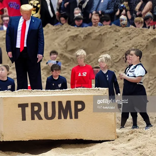 Image similar to trump is a fat kid that won't let other kids play in his sandbox, gettyimages,