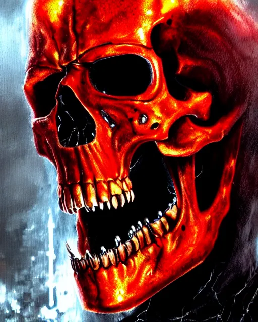 Image similar to red fiery eyes spawn - terminator skull - ghost rider - hybrid, supervillains, intricate artwork, concept art, eyes octane render, deviant art, cinematic, key art, hyperrealism, iridescent accents, portrait photograph, in hell, nikon 3 5 mm, ridley scott, moebius, dan mumford, jim lee