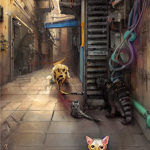 Image similar to a sphynx with robotic parts cat, in a cyberpunk alleyway by daniel gerhartz