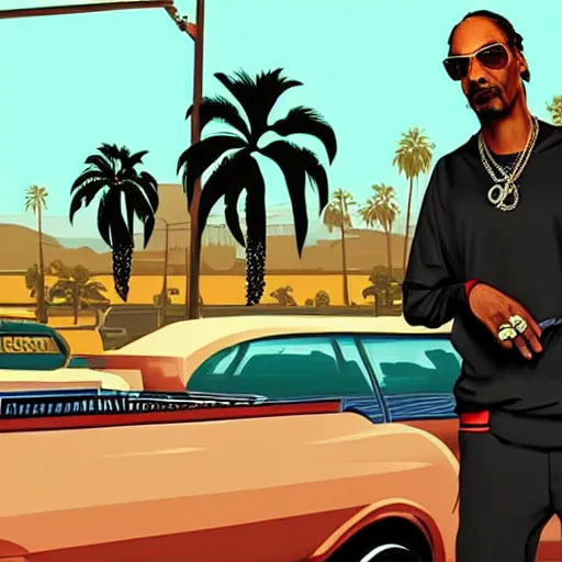 Image similar to Snoop Dogg in GTA V. Los Santos in the background, palm trees. In the art style of Stephen Bliss.