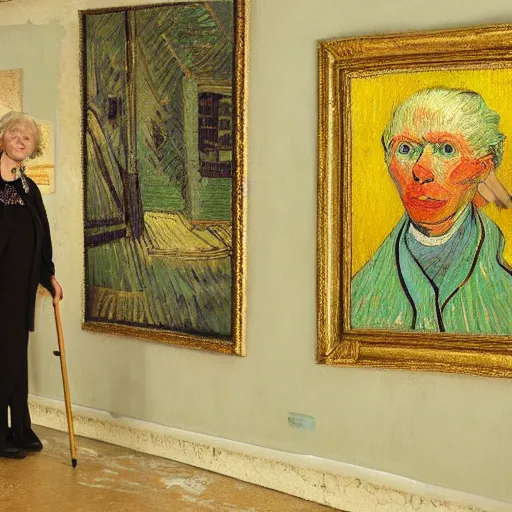Prompt: an old white blond woman standing with a cane, around her are paintings, in the style of van gogh