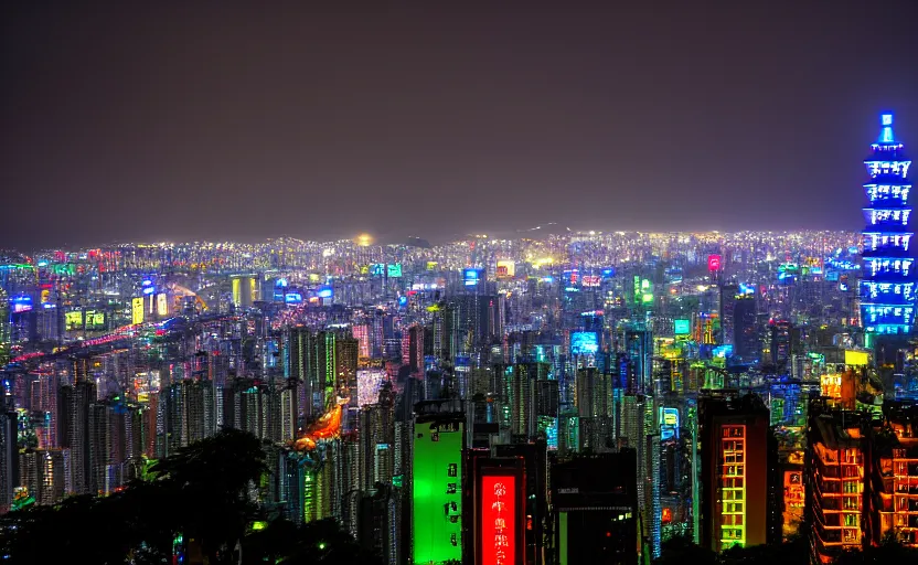 Prompt: 35mm photography landscape of Taipei in 2141, futuristic megacity skyline, neon towers in the rainy night