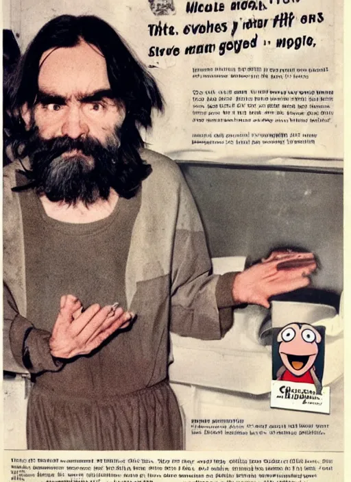 Image similar to vintage magazine advertisement depicting charles manson as a muppet