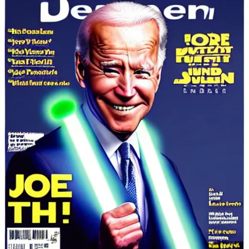 Image similar to joe biden as a jedi with green lightsaber cover of magazine. High quality.