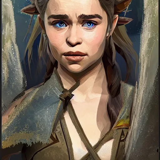 Image similar to emilia clarke in the art style of breath of the wild, dramatic lighting, digital art, intricate, highly detailed, matte painting, fine art