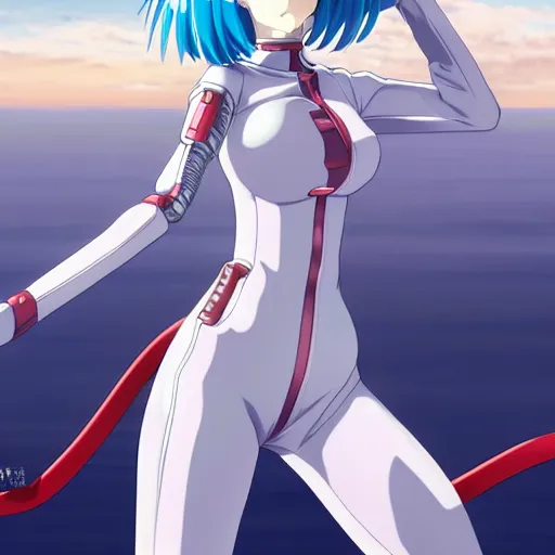 Image similar to anime art, anime fullbody shot of female rei ayanami, long blue hair and large eyes, finely detailed perfect face, in a modern skintight plugsuit, laying on a rooftop, flooded metropolis in ruins, red sea, trending on pixiv fanbox, evangelion, extremely high quality artwork by ilya kuvshinov