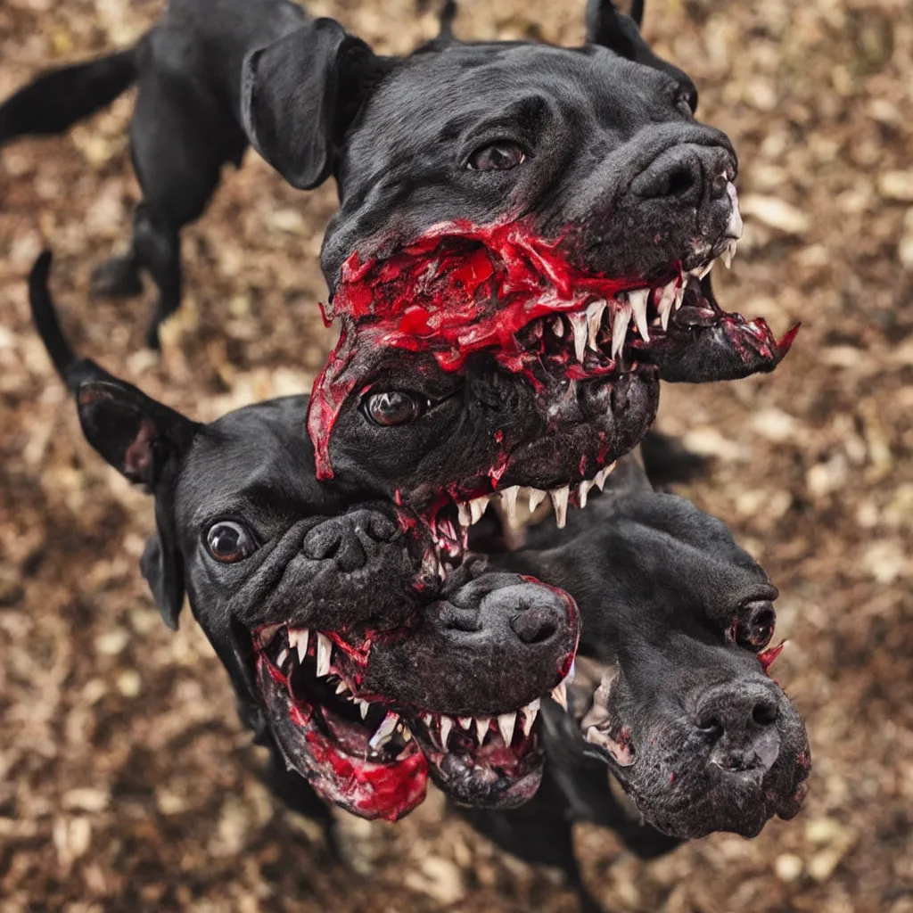 Prompt: horrifying and demonic dog with bloody fangs