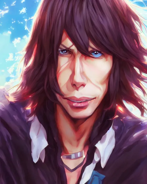 Image similar to anime portrait of Steven Tyler as an anime man by Stanley Artgerm Lau, WLOP, Rossdraws, James Jean, Andrei Riabovitchev, Marc Simonetti, and Sakimichan, trending on artstation