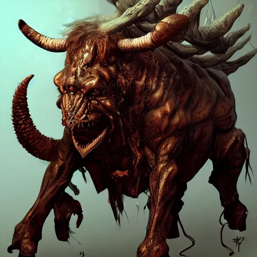 Prompt: dark character undead elephant minotaur type, character concept artwork, concept, detailed scales, skin, fur, etc, monster creature, horror, claws, teeth sharp, high detail iconic character, mutated hybrid, trending on artstation, award winning art